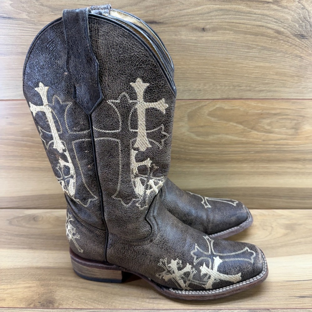 Circle‎ G Western Cross Leather Embroidered Boots Brown Square Toe 7 M L5001
